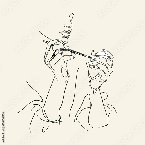 Minimal line art vector illustration of a woman applying nail polish with a brush while holding a cosmetic product. Clean black and white drawing representing beauty routine, cosmetics application
