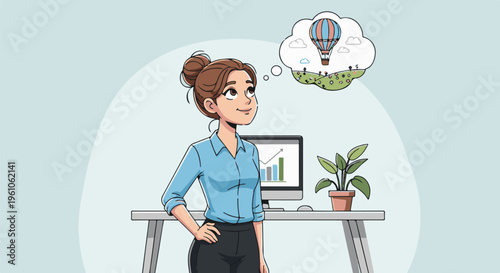 Office worker dreams of adventure and hot air ballooning over a scenic landscape