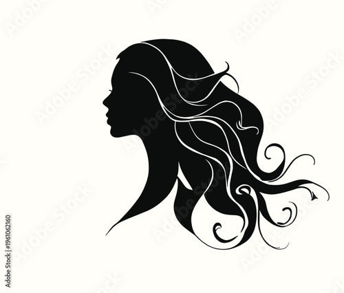 Stylish silhouette illustration of a woman profile with long flowing hair. Elegant feminine design ideal for beauty salon logos, hair care branding, cosmetics packaging, fashion marketing and spa