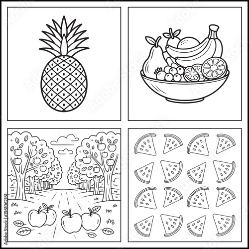 Cute Fruit Coloring Sheet for Kids and Adults – Fruit Icon Vector Design, Printable Black and White Coloring Page Illustration for Coloring Book and Graphic Use