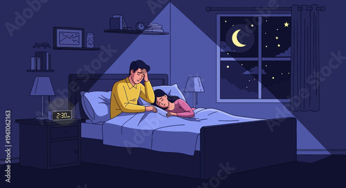 Man with Insomnia Sitting in Bed at Night Next to Sleeping Partner Illustration - Concept of Sleep Disorder, Stress, and Anxiety