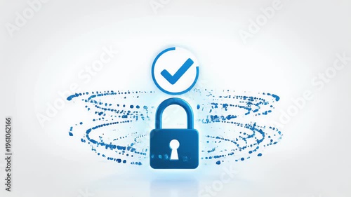 Blue lock and checkmark icon against a white background with blue splashes