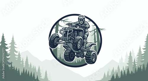 Off-road quad bike jumps through a misty forest landscape