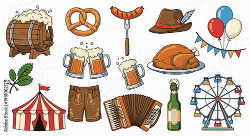 Oktoberfest scene with beer, food, music, and carnival elements