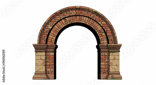 Old arched brick passage with stone pillars, weathered, mossy