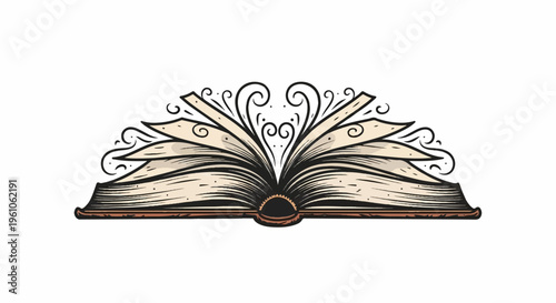 Ornate open book with swirling decorative elements on pages