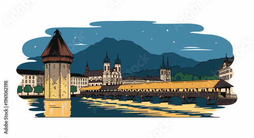 Old European city with a covered bridge and church towers at night