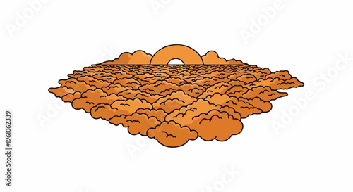 Orange clouds fill the scene with a setting sun arching above