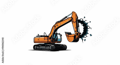 Orange construction digger excavating, with an explosive blast effect