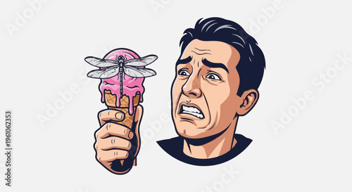 Man recoils in disgust from a melting ice cream cone with a dragonfly on top