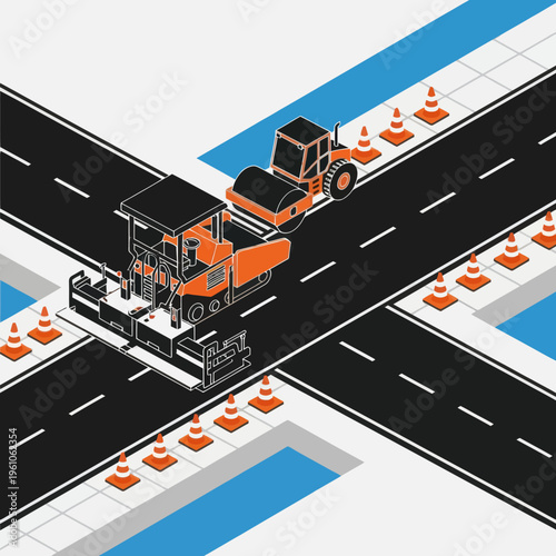 Asphalt Paver and Road Roller on Highway.