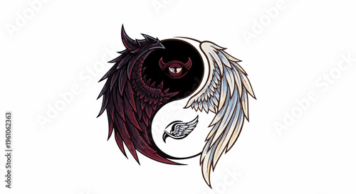 Pixelated yin-yang symbol with devil eye and wings