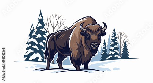 Majestic bison stands tall in a snow-covered winter forest scene