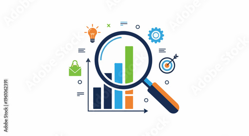 Magnifying glass over bar chart with business icons