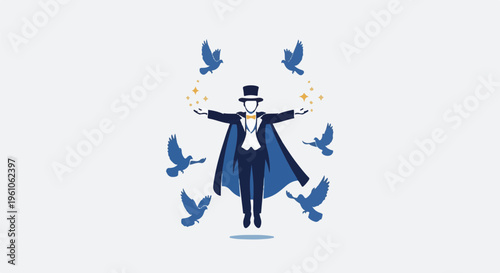 Magician in tuxedo conjures flying birds and sparkling stars