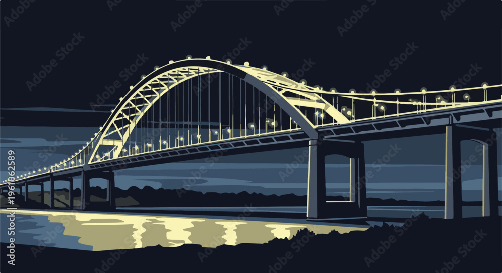 Obraz premium Lit bridge arching over water at night with reflections