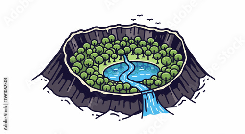 Lush crater landscape with a serene lake, waterfall, and surrounding forest