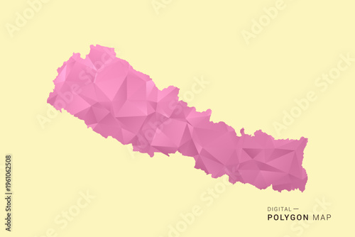 Nepal Map - Low poly polygon map design in soft pink pastel gradient on beige background, modern minimal geometric style, clean digital vector illustration.
