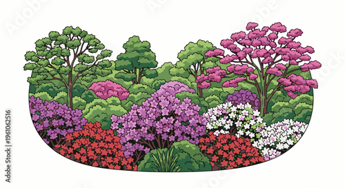 Lush garden bursting with colorful flowering bushes and trees