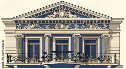 Ornate balcony on a blue building facade with classical architectural details
