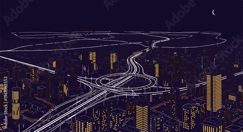 Pixelated cityscape at night with glowing windows and a crescent moon