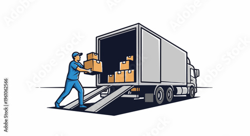 Loader placing boxes onto a truck ramp for delivery
