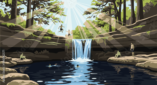 People enjoy a sunny day jumping into a waterfall pool surrounded by forest