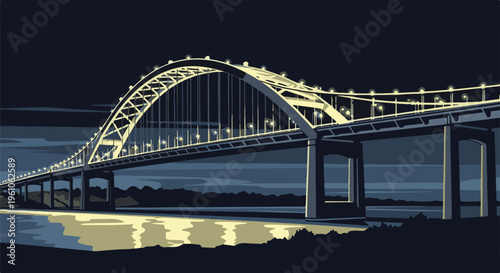 Lit bridge arching over water at night with reflections