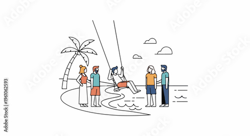 People enjoy a swing on a beach under a palm tree with clouds