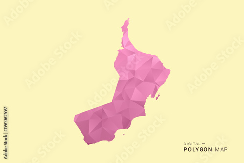 Oman Map - Low poly polygon map design in soft pink pastel gradient on beige background, modern minimal geometric style, clean digital vector illustration.
