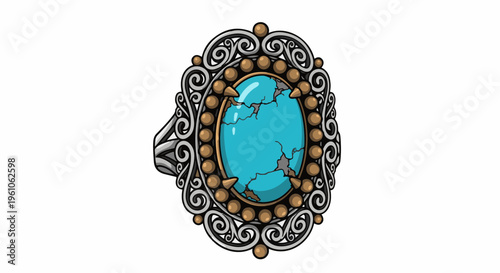 Ornate ring with a cracked turquoise gemstone and detailed metalwork