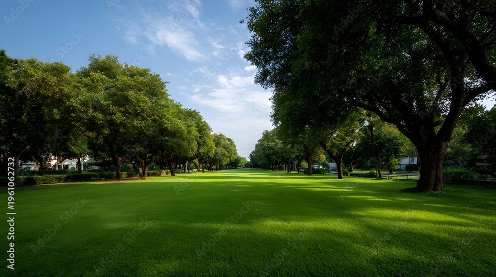 Fototapeta premium A vibrant green lawn stretches between lined trees under a clear blue sky with white clouds bathed in d d sunlight