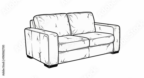Line art sketch of a plush, tufted two-seater sofa with square arms