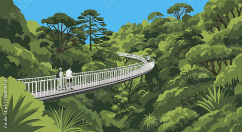 People walk on a canopy bridge through a lush, green forest under a blue sky