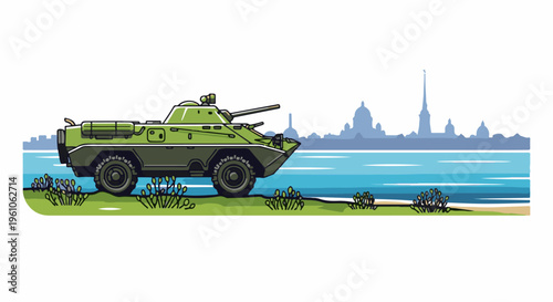 Pixel art armored vehicle on shore with cityscape and river backdrop