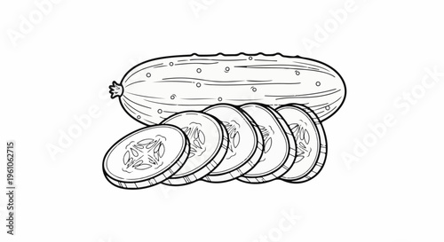 Line art shows a whole cucumber with several sliced rounds in front