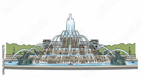 Ornate stone fountain with multiple tiers and cascading water jets