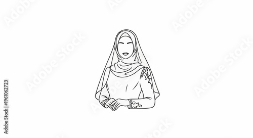 Line art sketch of a woman wearing a hijab and elegant dress