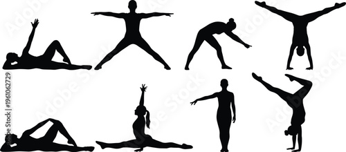Set of black silhouettes of women practicing gymnastics yoga splits and handstands in expressive poses for fitness wellness and flexibility