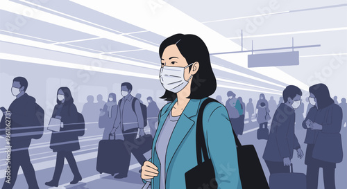 People wearing masks in a crowded transportation hub, waiting for their journey