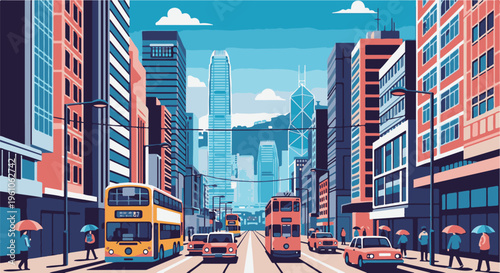 Pixelated cityscape with trams, buses, cars, and pedestrians under umbrellas