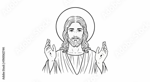 Line art of Jesus with halo, outstretched hands, and beard
