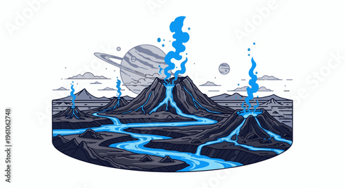 Pixel art of volcanoes erupting with blue lava streams under alien planets