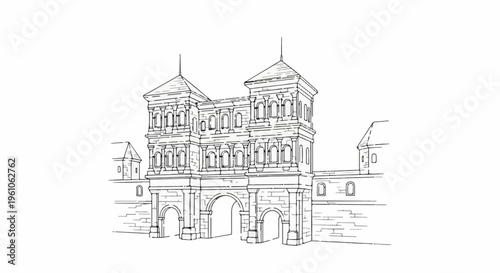 Ornate stone gatehouse with twin turrets and arched passageways