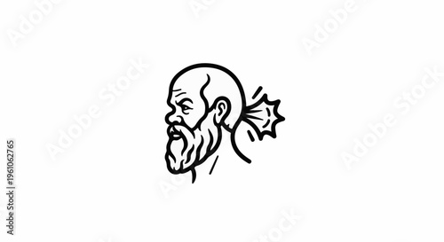 Line art of bald man's profile with beard and sound waves from ear