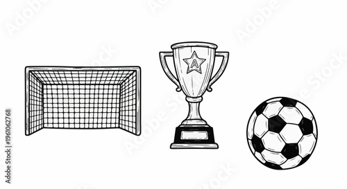 Line art of a soccer goal, trophy with star, and ball