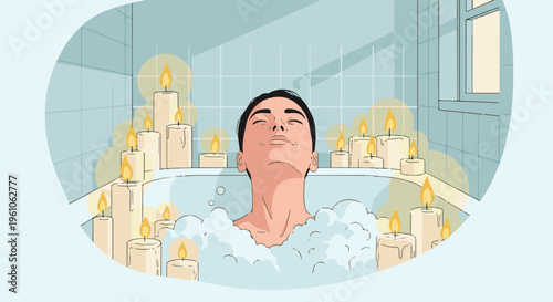 Man relaxing in a bubble bath surrounded by lit candles