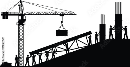 Black silhouette of construction workers building structure with crane and heavy machinery for industrial development teamwork and engineering project concept