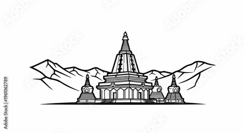 Ornate stupa temple complex with surrounding mountains, depicted in black and white