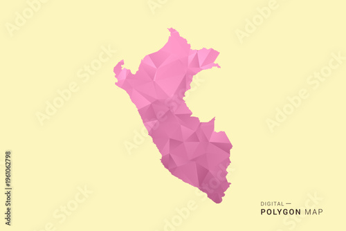 Peru Map - Low poly polygon map design in soft pink pastel gradient on beige background, modern minimal geometric style, clean digital vector illustration.